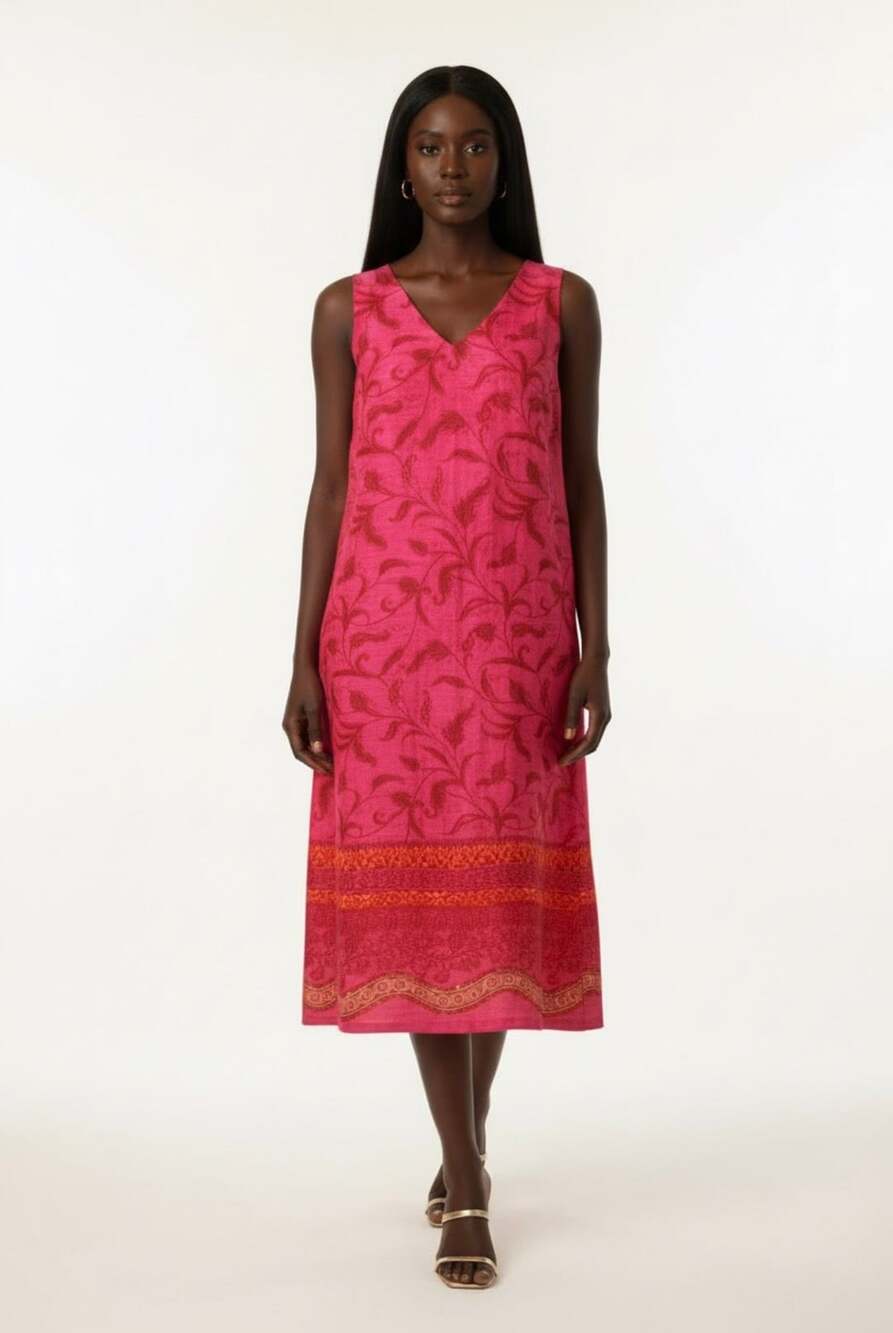J.G. Hook Vintage Hot Pink Batik Floral Column Maxi Dress
